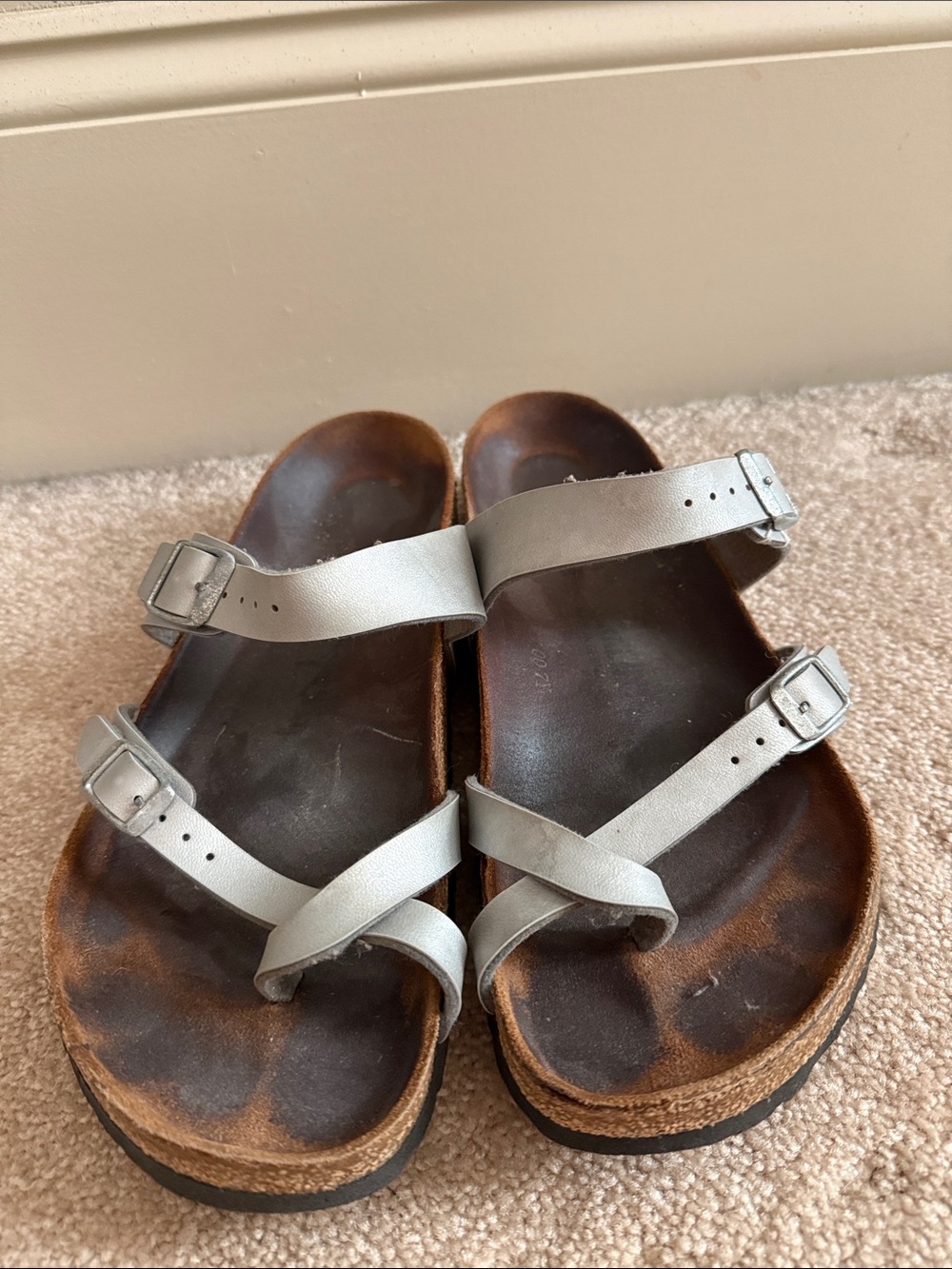Birkenstock Metallic Silver Leather Double-Strap Cork Sandals